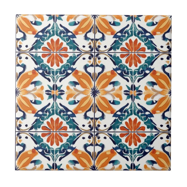 Carreau Blue Orange and Yellow Pattern Ceramic Tile (Devant)