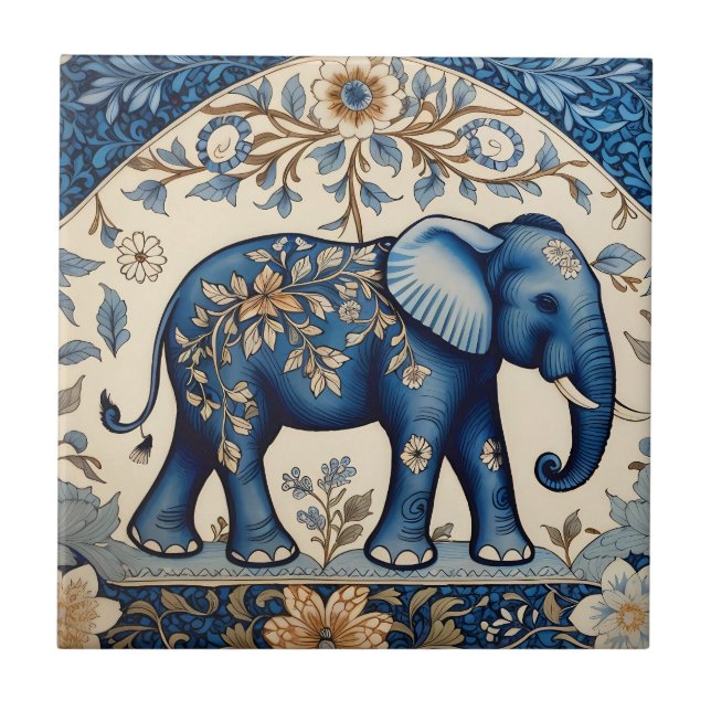 Carreau Blue Ornate Elephant Vintage Floral (Devant)