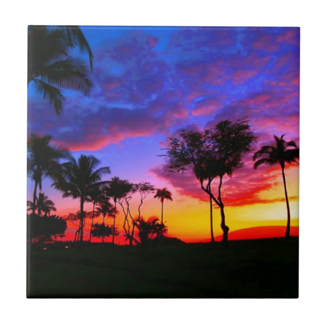 Carreau Blue Red Sunset Exotic Hawaiian Beach Palm Trees (Devant)