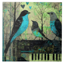 Blue Songbirds Perched On Vintage Piano