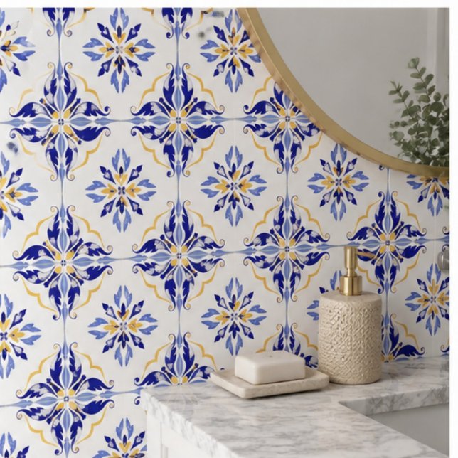 Carreau Blue Star Elegant Floral Mosaic  Mediterranean  (Créateur téléchargé)
