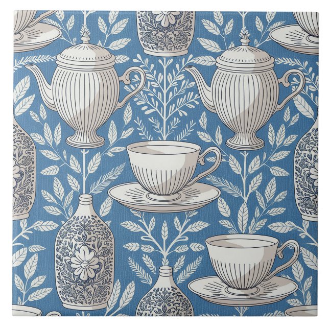 Carreau Blue Teacups Vintage Leaf Design (Devant)