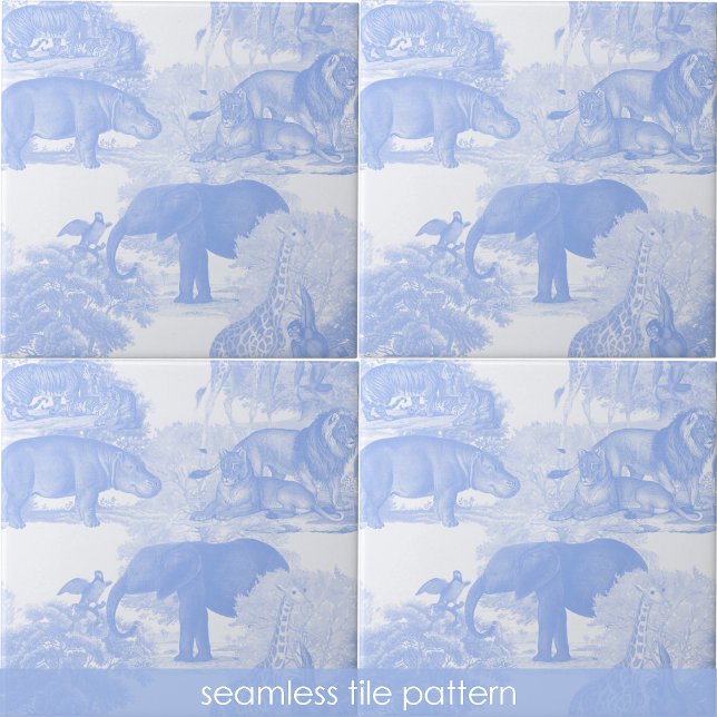 Carreau Blue Toile Jungle Animaux Safari Motif sans coutur (Blue Toile Jungle Animals Safari Seamless Pattern Ceramic Tile)