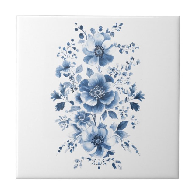 Carreau Blue Toile Regency Chinoiserie Aquarelle Floral (Devant)