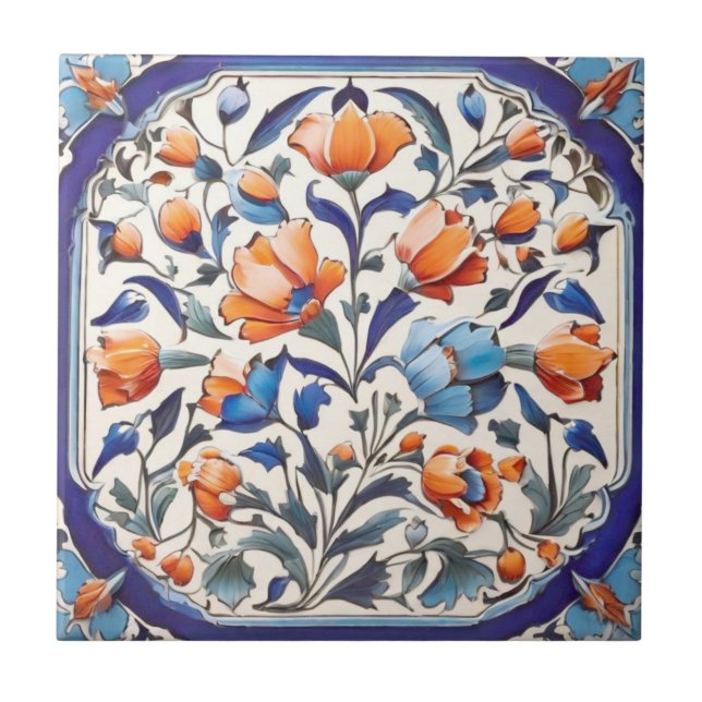 Carreau Blue Turc Floral Orange Poppies Fleurs de pavot (Devant)