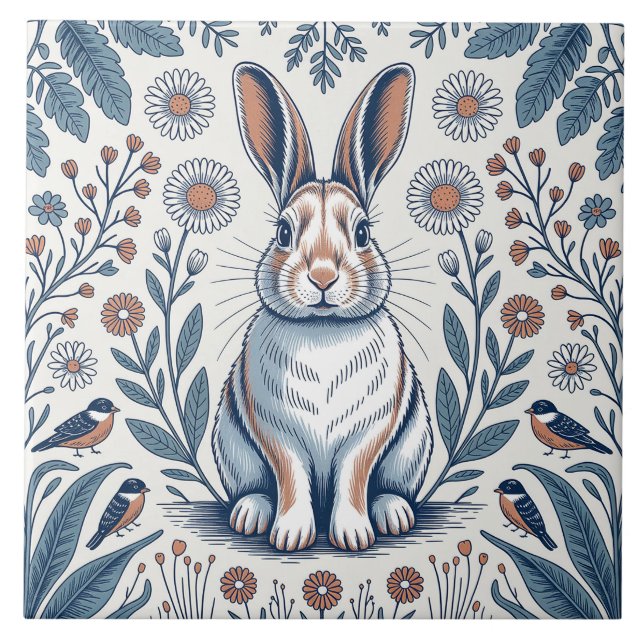 Carreau Blue Whimsical Bunny Rabbit Floral Design (Devant)