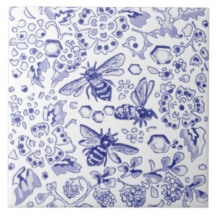Carreau Blue White Bee Honey Floral Farmhouse Art Rustique
