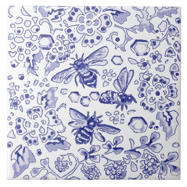 Carreau Blue White Bee Honey Floral Farmhouse Art Rustique (Devant)
