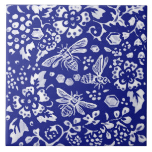 Carreau Blue White Bee Honey Floral Farmhouse Rustique Art