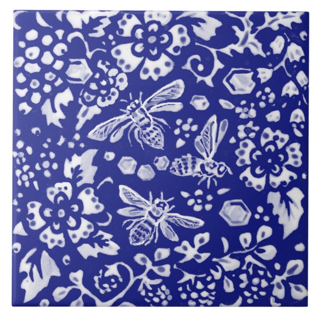 Carreau Blue White Bee Honey Floral Farmhouse Rustique Art (Devant)