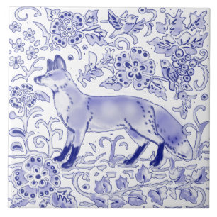 Carreau Blue White Fox Bird Woodland Farmhouse Art rustiqu