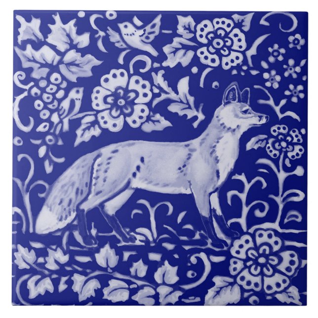 Carreau Blue White Fox Bird Woodland Farmhouse Art rustiqu (Devant)