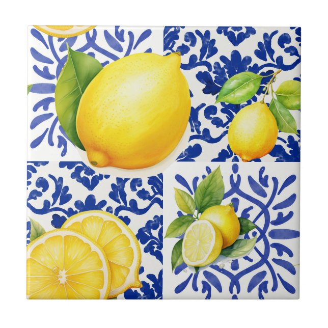 Carreau Blue White Lemon Pattern Mediterranean Citrus (Devant)