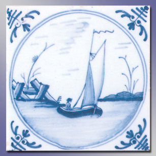 Carreau Blue White Sailboat Vintage Delft Art Tile