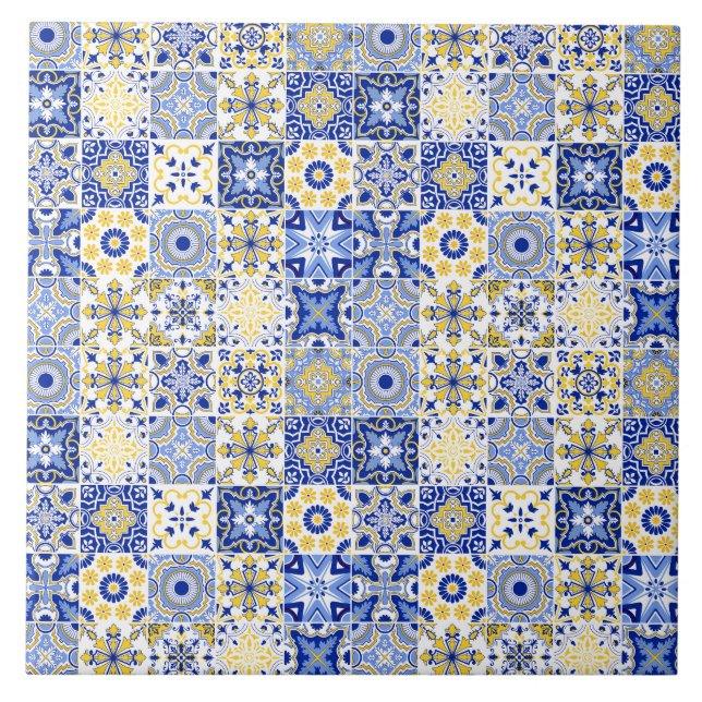 Carreau blue& white yellow Portuguese Azulejo pattern  (Devant)