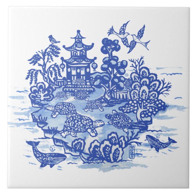 Carreau Blue Willow Isle of Turtles Jardin Whimsical (Devant)