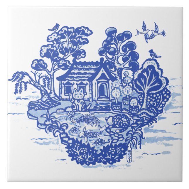 Carreau Blue Willow Lucky Cat Koi Pond Antique Imaginaire (Devant)