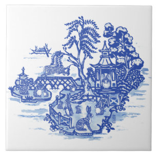 Carreau Blue Willow Rabbit Island Art Imaginaire antique