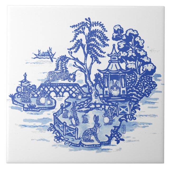 Carreau Blue Willow Rabbit Island Art Imaginaire antique (Devant)