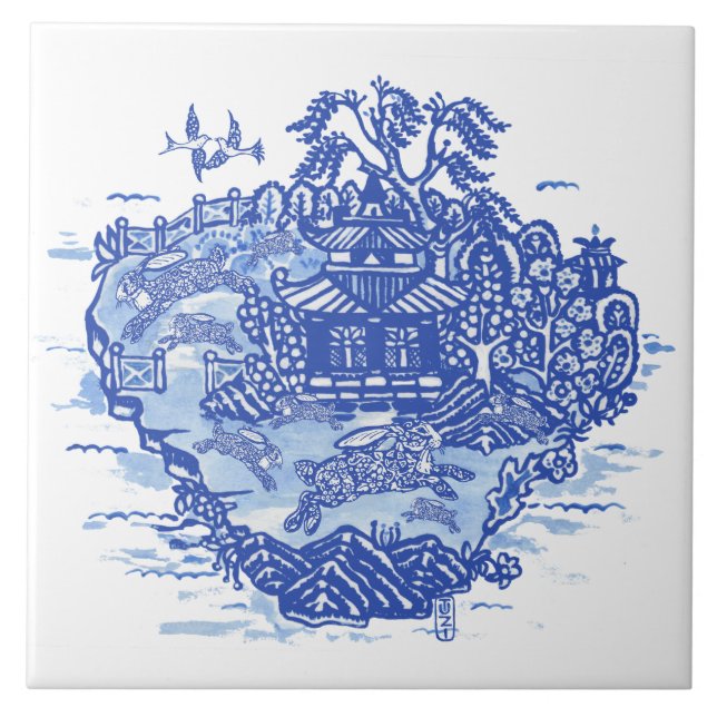 Carreau Blue Willow Rabbit Isle Willow Antiquité Imaginair (Devant)