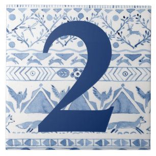 Carreau Blue Woodland Animal Ikat House Adresse Numéro 2