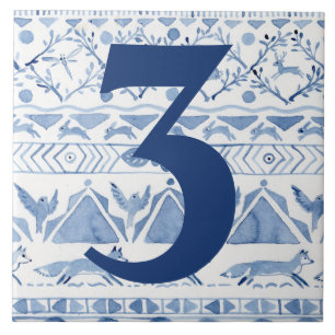 Carreau Blue Woodland Animal Ikat House Adresse Numéro 3