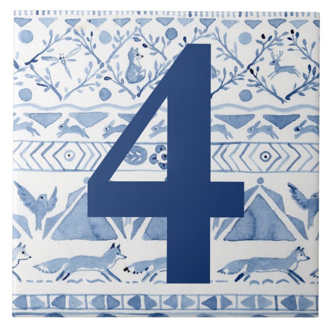 Carreau Blue Woodland Animal Ikat House Adresse Numéro 4 (Devant)