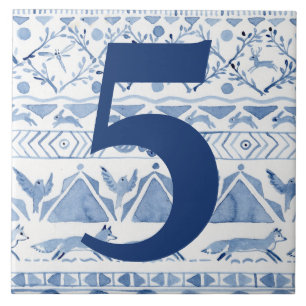 Carreau Blue Woodland Animal Ikat House Adresse Numéro 5