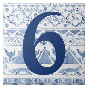 Carreau Blue Woodland Animal Ikat House Adresse Numéro 6