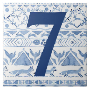 Carreau Blue Woodland Animal Ikat House Adresse Numéro 7