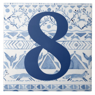Carreau Blue Woodland Animal Ikat House Adresse Numéro 8