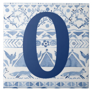 Carreau Blue Woodland Animal Ikat House Numéro d'adresse 0