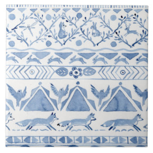 Carreau Blue Woodland Animal Ikat Motif Fox Rabbit Bird