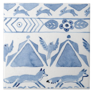 Carreau Blue Woodland Animal Ikat Motif Fox Version 2