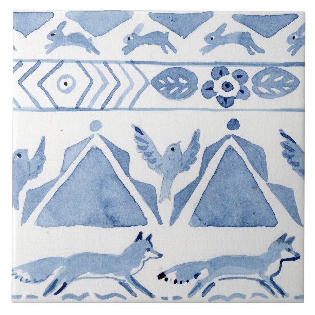 Carreau Blue Woodland Animal Ikat Motif Fox Version 2 (Devant)
