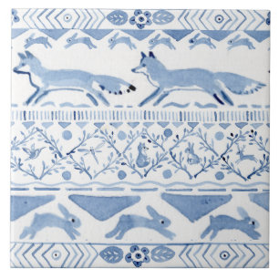 Carreau Blue Woodland Animal Ikat Motif Fox Version 3