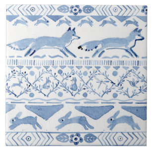 Carreau Blue Woodland Animal Ikat Motif Fox Version 3