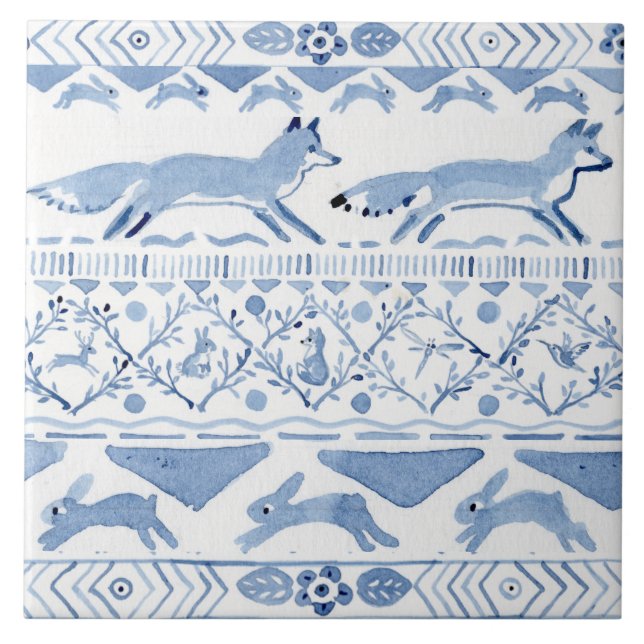 Carreau Blue Woodland Animal Ikat Motif Fox Version 3 (Devant)