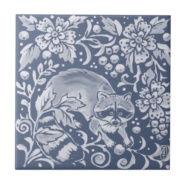 Carreau Blue Woodland Raccoon Forêt Animal Floral (Devant)