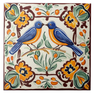 Carreau Bluebirds Bleu Méditerranéen Oiseaux Folk Floral