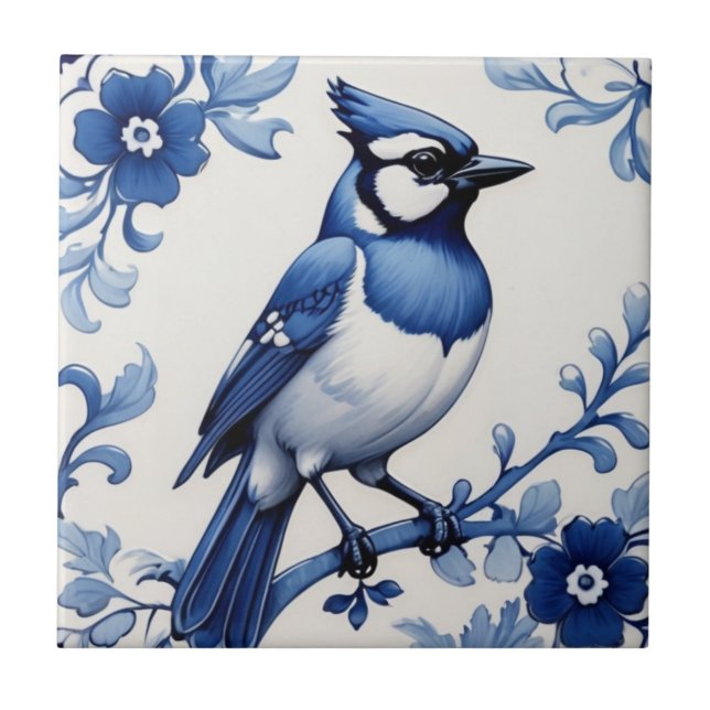 Carreau BlueJay Jay Bird Delft Bleu et blanc Floral asiati (Devant)