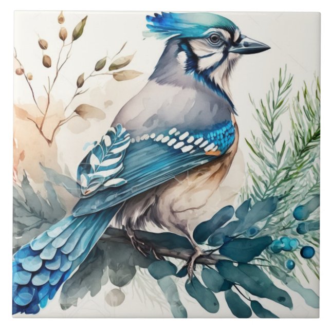 Carreau Bluejay Sur Une Aquarelle De Branche (Devant)