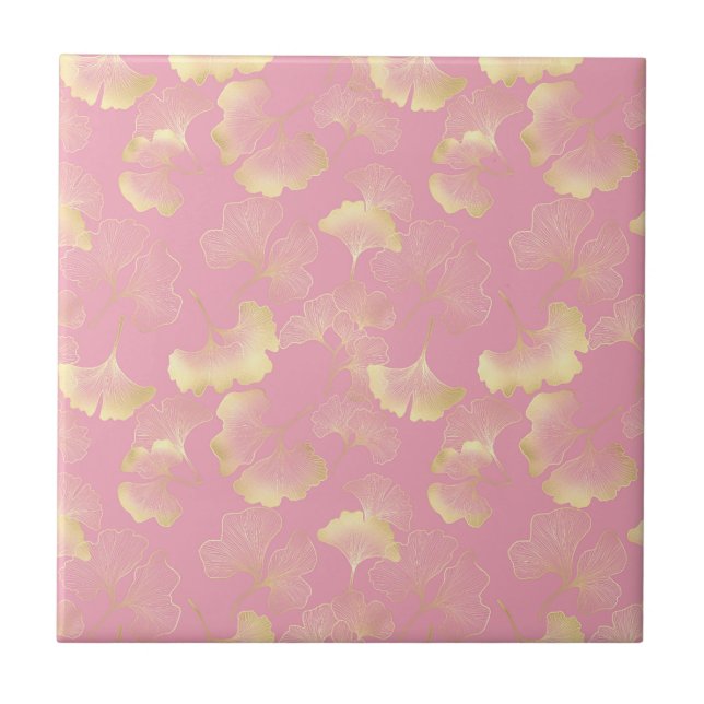Carreau Blush Ginkgo Luxe – Botanique dorée sur fond rose (Devant)