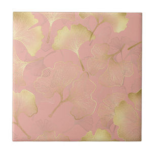 Carreau Blush Rose Gold Ginkgo Feuilles Élégant Botanique