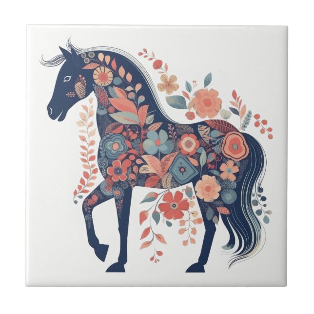 Carreau Boho Blue Floral Horse Scandinave Folk Art (Devant)
