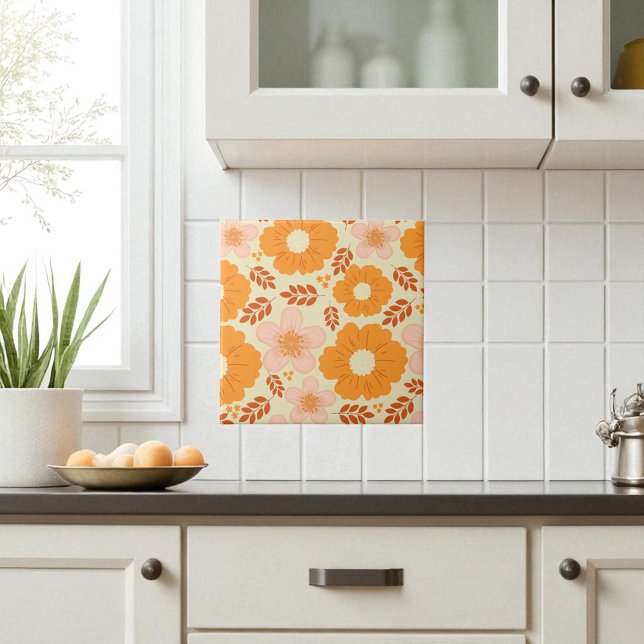 Carreau Boho Botanique Aquarelle Orange Floral (Créateur téléchargé)