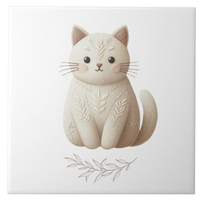 Carreau Boho Brodé Beige Kitty avec feuille Détails (Devant)