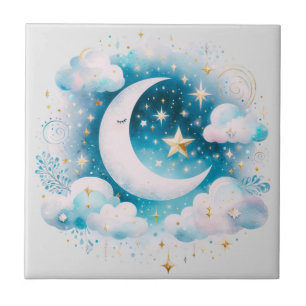 Carreau Boho céleste bleu et blanc de la lune Moderne