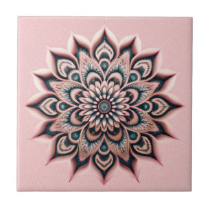Carreau Boho Chic Blush Fleur rose Mandala avec Turquoise