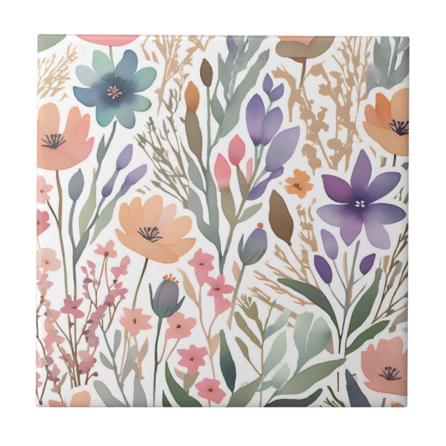 Carreau Boho Fleur sauvage Aquarelle Florale Pastel Accent (Devant)
